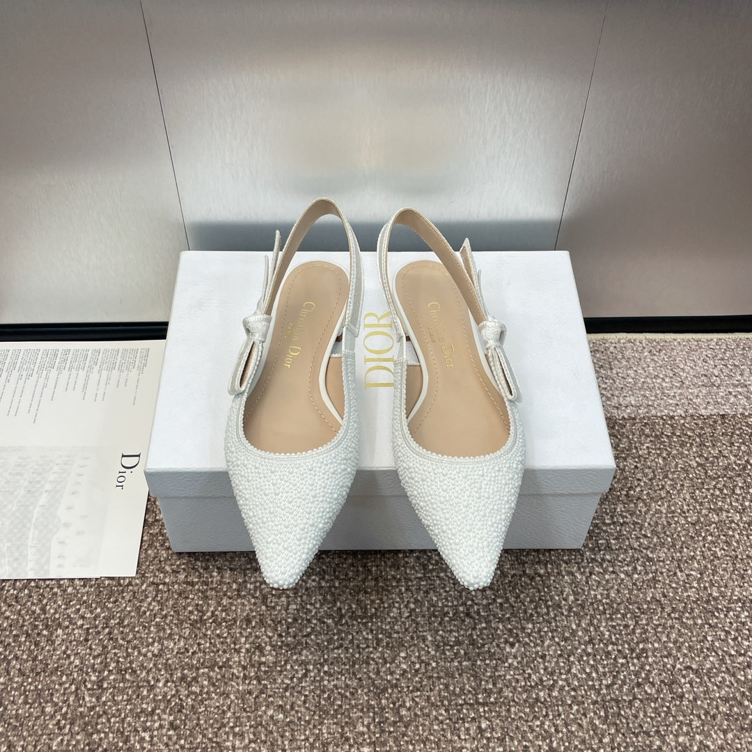 DIOR slingback flat embroidered cotton white calfskin resin pearl