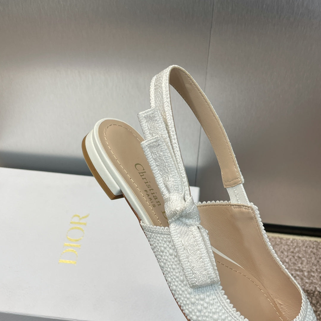 DIOR slingback flat embroidered cotton white calfskin resin pearl