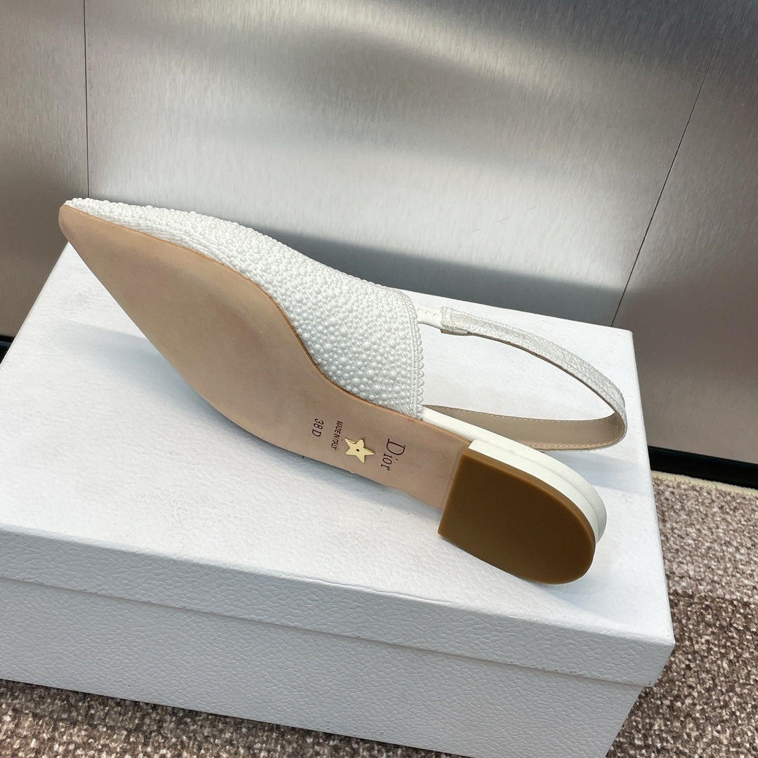 DIOR slingback flat embroidered cotton white calfskin resin pearl