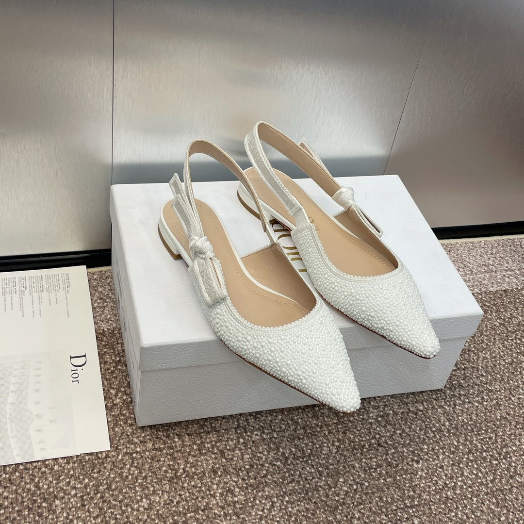 DIOR slingback flat embroidered cotton white calfskin resin pearl