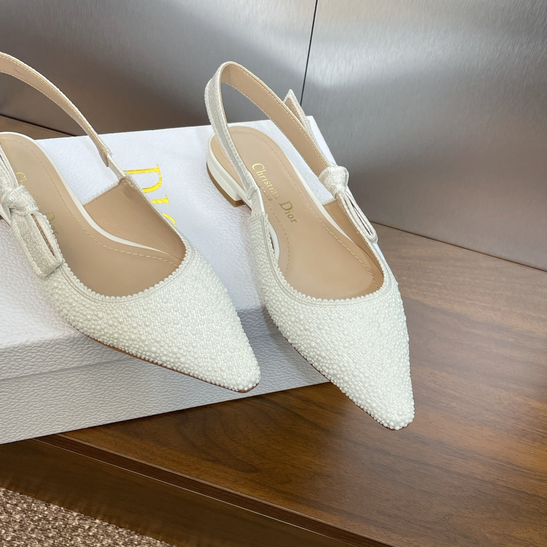 DIOR slingback flat embroidered cotton white calfskin resin pearl