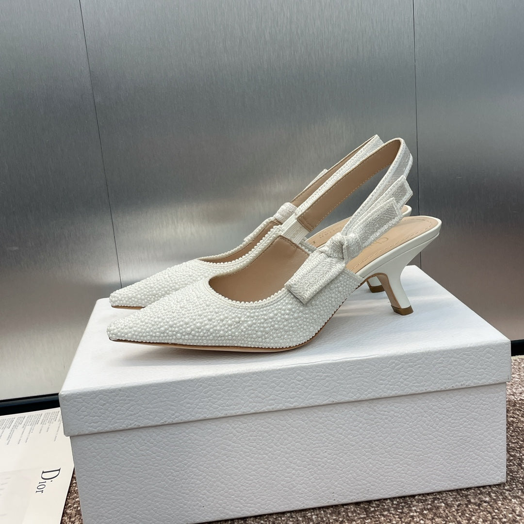DIOR slingback pump 65 embroidered cotton white calfskin resin pearl