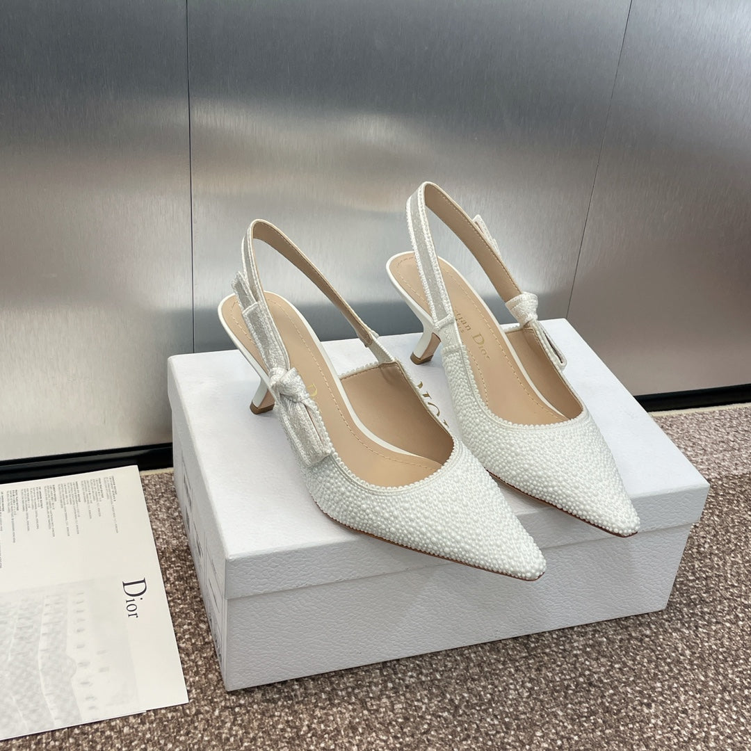 DIOR slingback pump 65 embroidered cotton white calfskin resin pearl