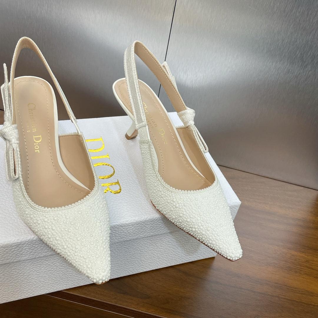 DIOR slingback pump 65 embroidered cotton white calfskin resin pearl