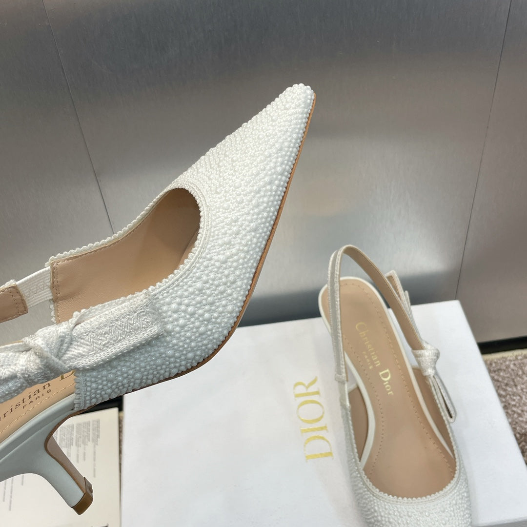 DIOR slingback pump 65 embroidered cotton white calfskin resin pearl