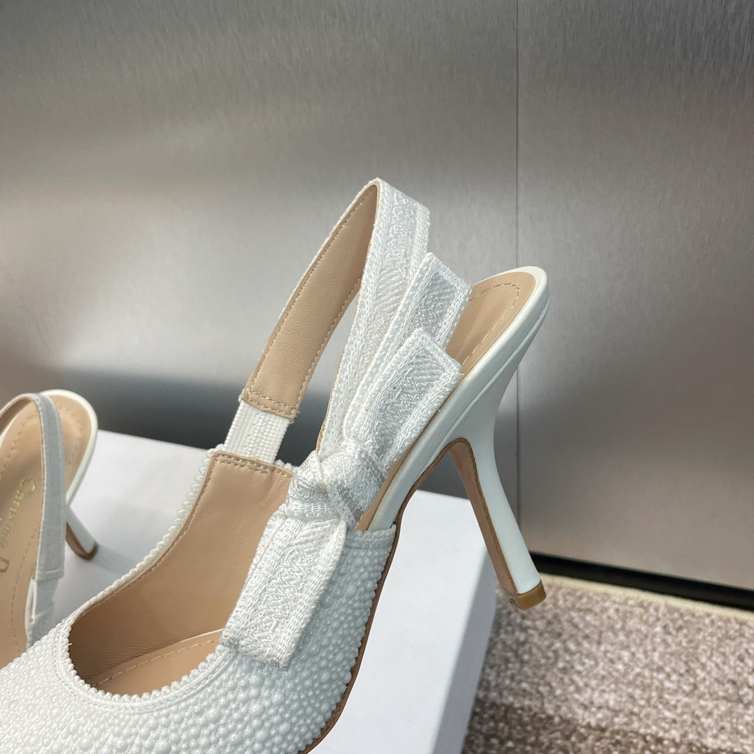DIOR slingback pump 95 embroidered cotton white calfskin resin pearl