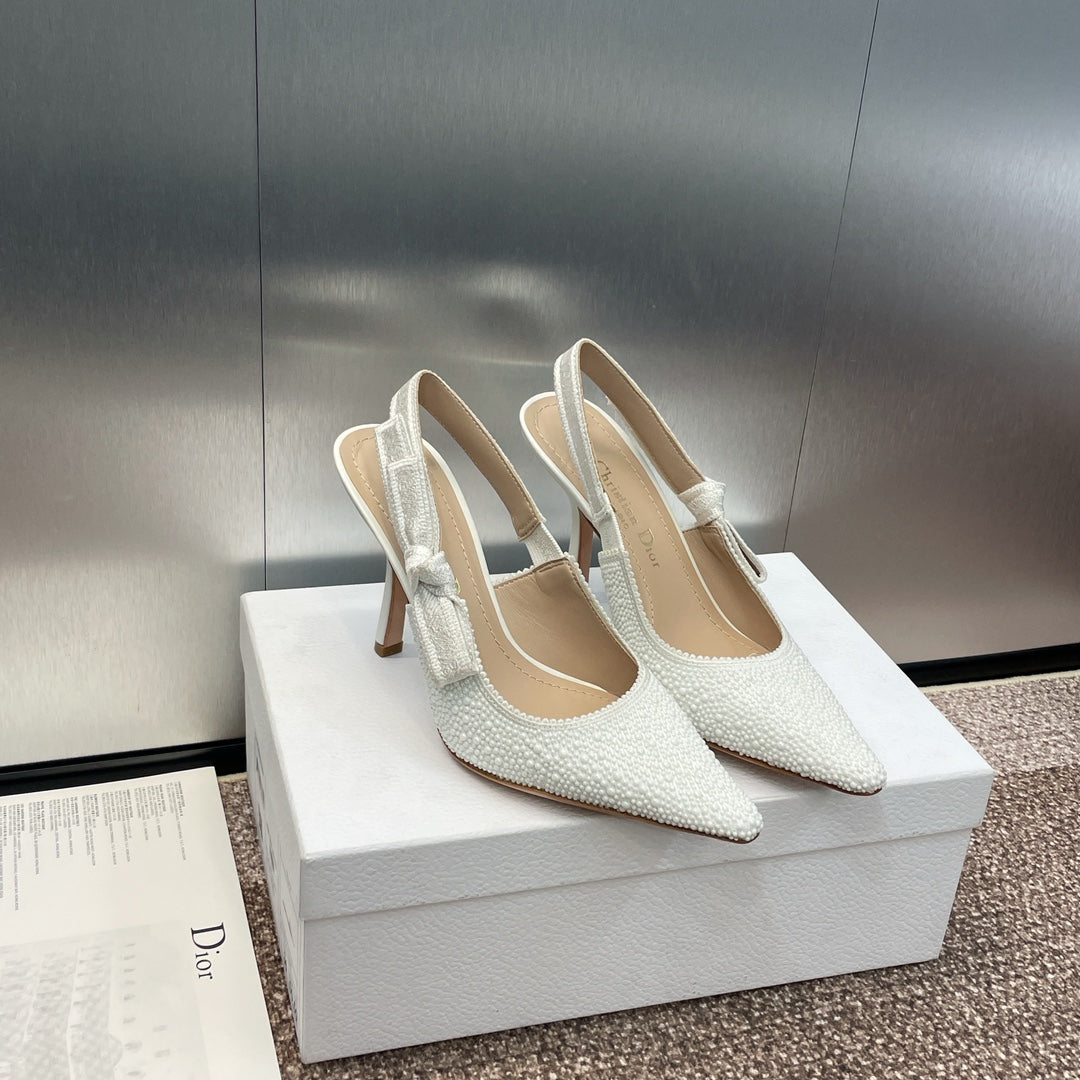 DIOR slingback pump 95 embroidered cotton white calfskin resin pearl