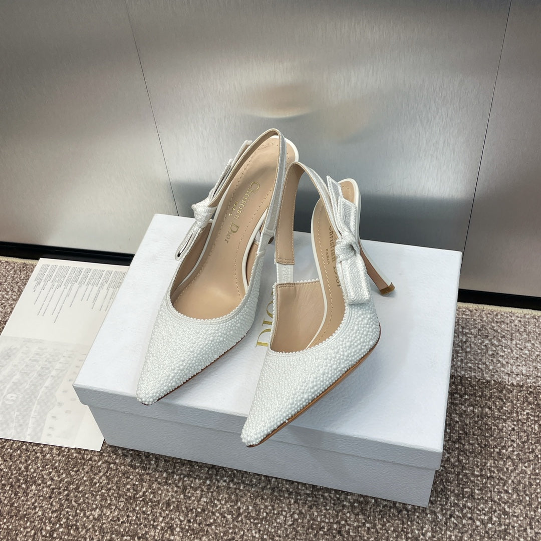 DIOR slingback pump 95 embroidered cotton white calfskin resin pearl