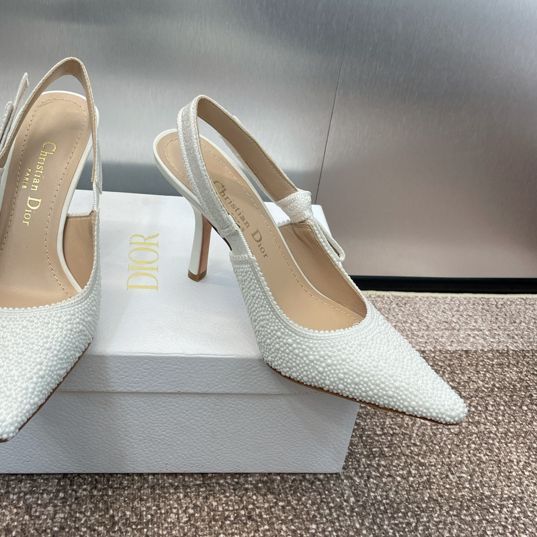 DIOR slingback pump 95 embroidered cotton white calfskin resin pearl