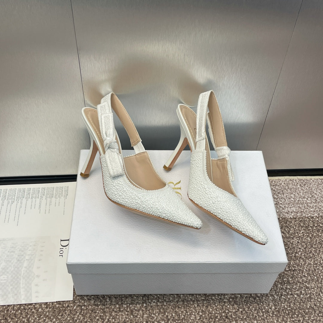 DIOR slingback pump 95 embroidered cotton white calfskin resin pearl