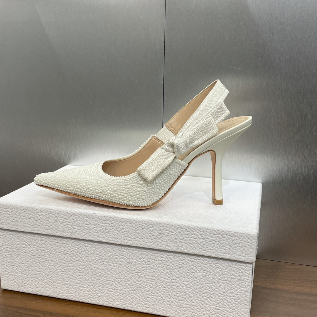 DIOR slingback pump 95 embroidered cotton white calfskin resin pearl