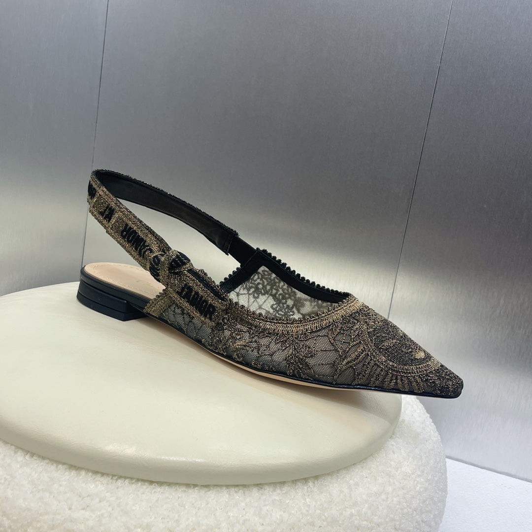 DIOR slingback flat transparent mesh embroidered black sun motif
