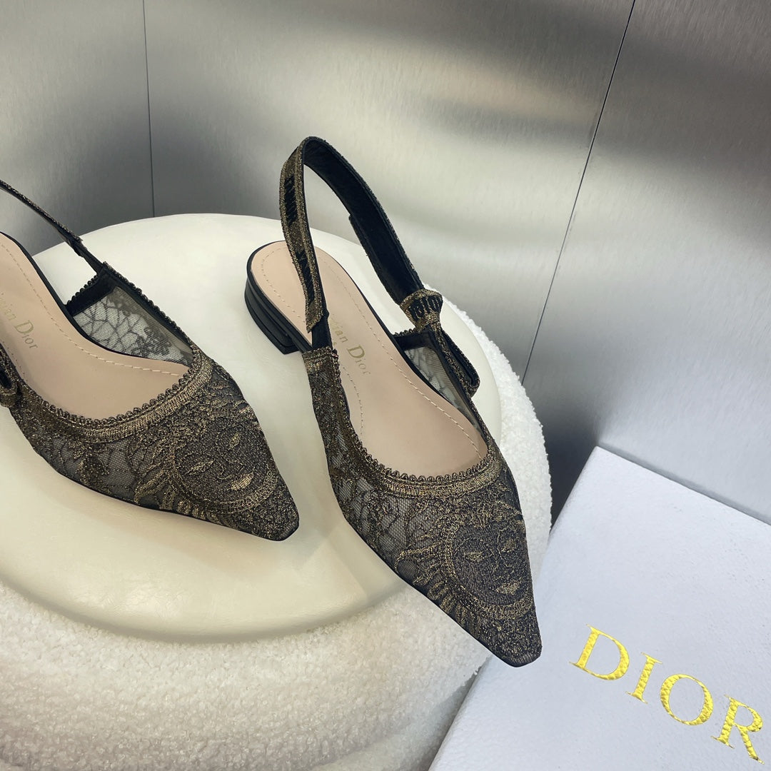 DIOR slingback flat transparent mesh embroidered black sun motif