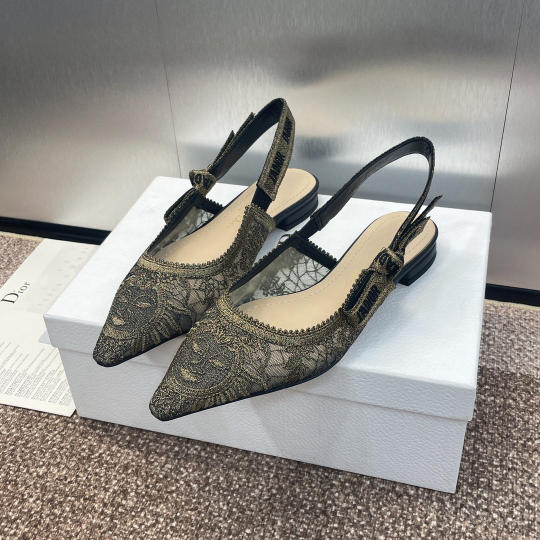 DIOR slingback flat transparent mesh embroidered black sun motif