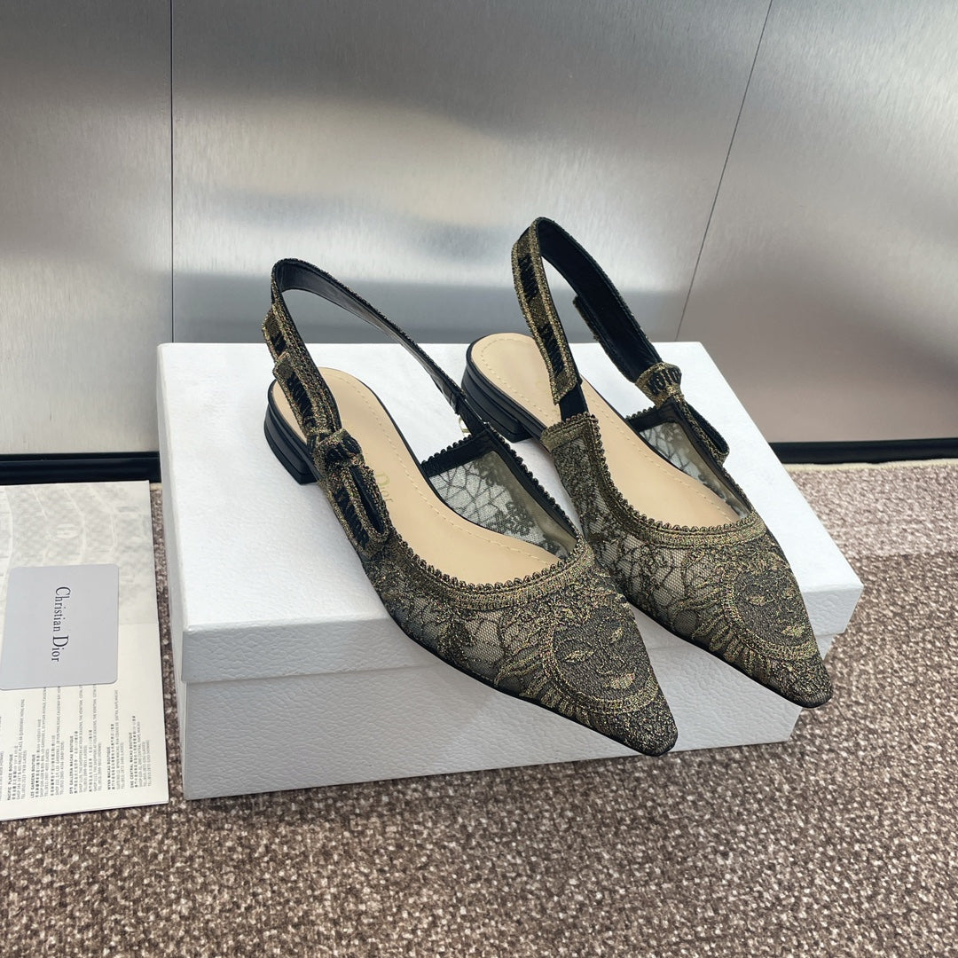DIOR slingback flat transparent mesh embroidered black sun motif