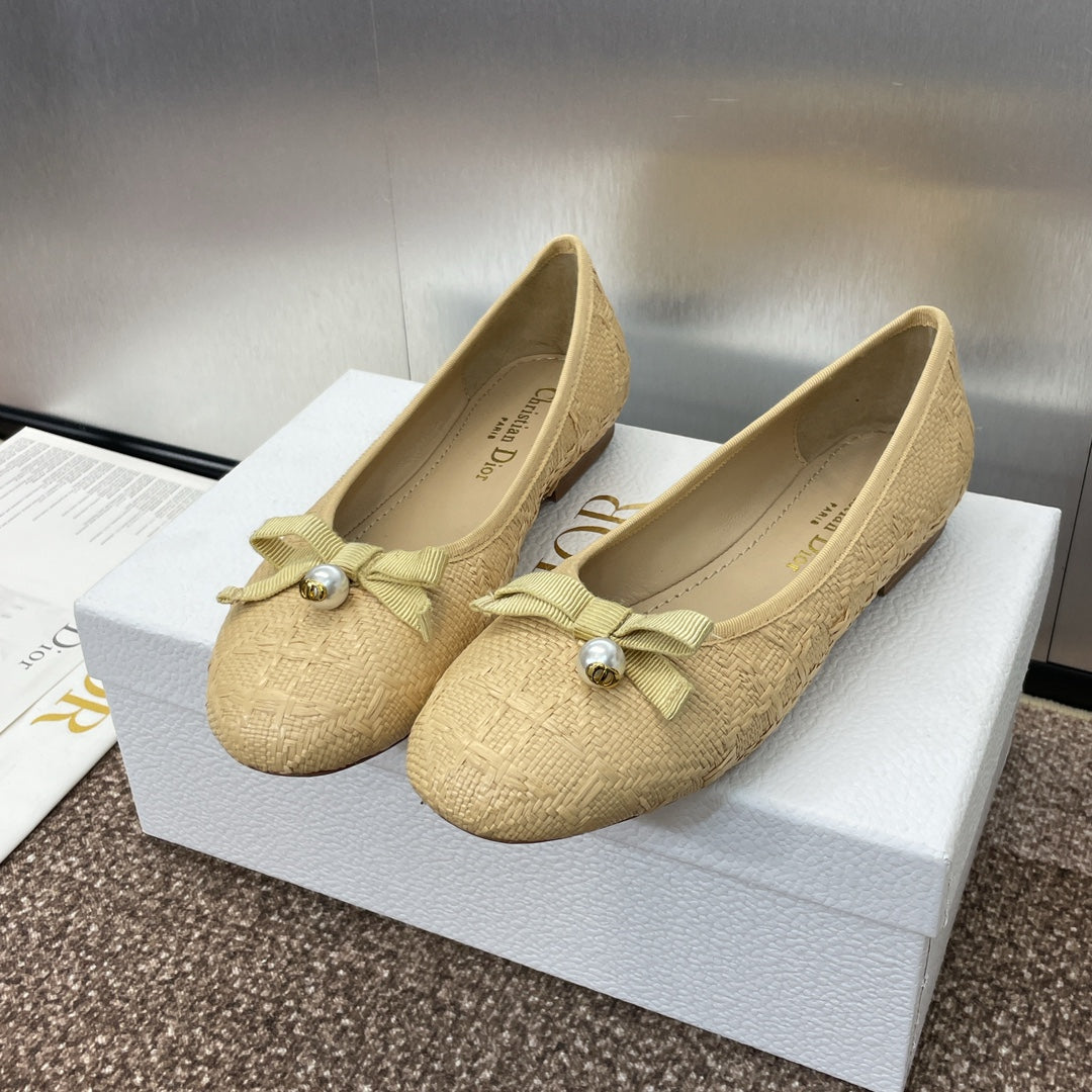 DIOR Ballet Flat Beige Woven Sedge And Lambskin