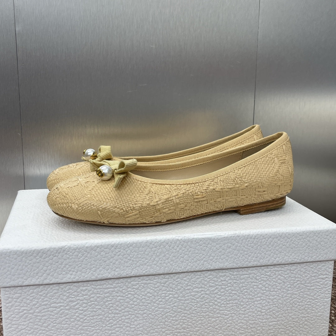 DIOR Ballet Flat Beige Woven Sedge And Lambskin