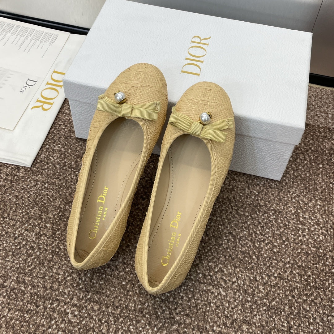 DIOR Ballet Flat Beige Woven Sedge And Lambskin