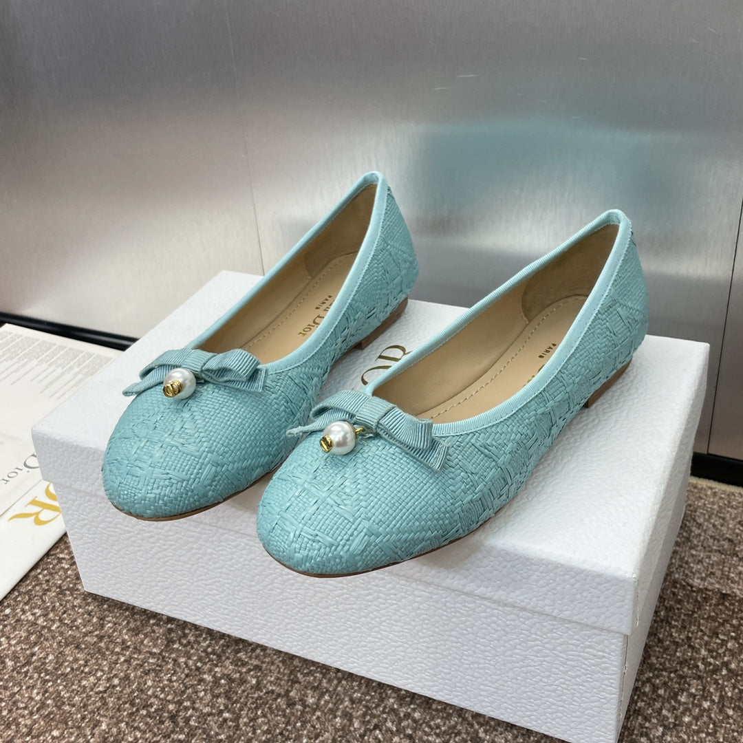 DIOR Ballet Flat Jade Green Woven Sedge And Lambskin