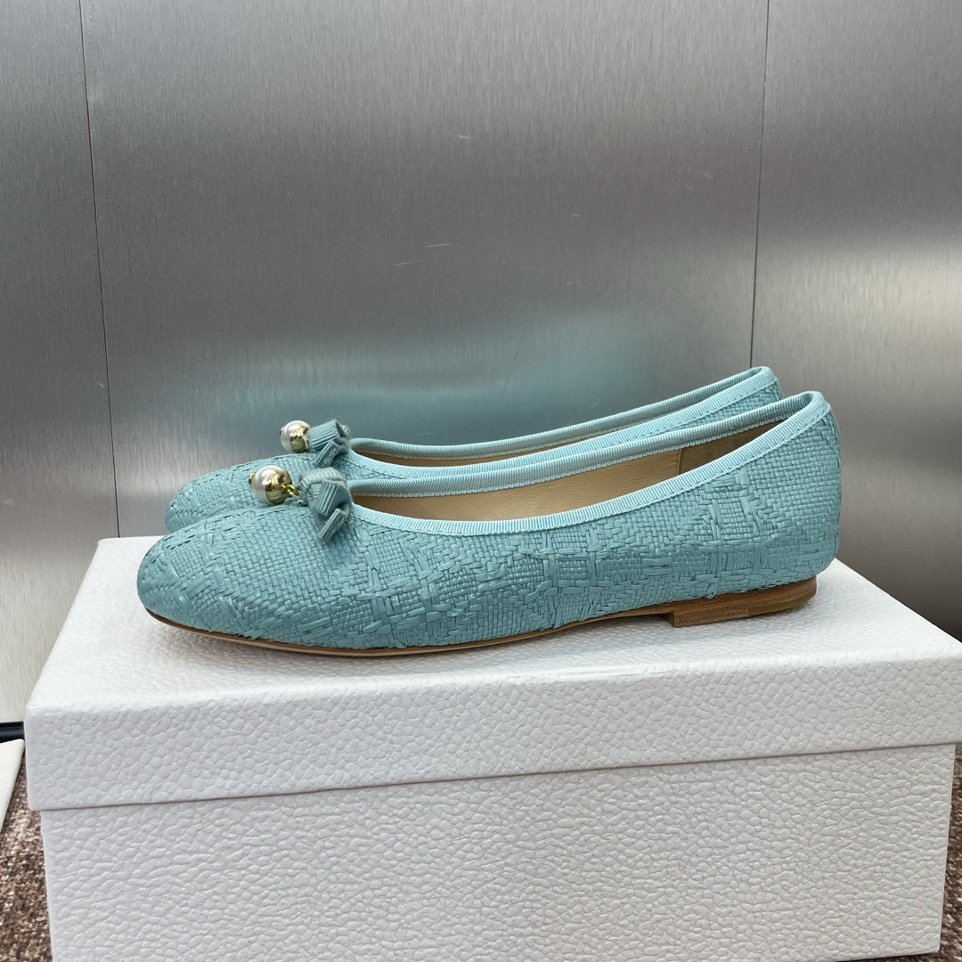 DIOR Ballet Flat Jade Green Woven Sedge And Lambskin