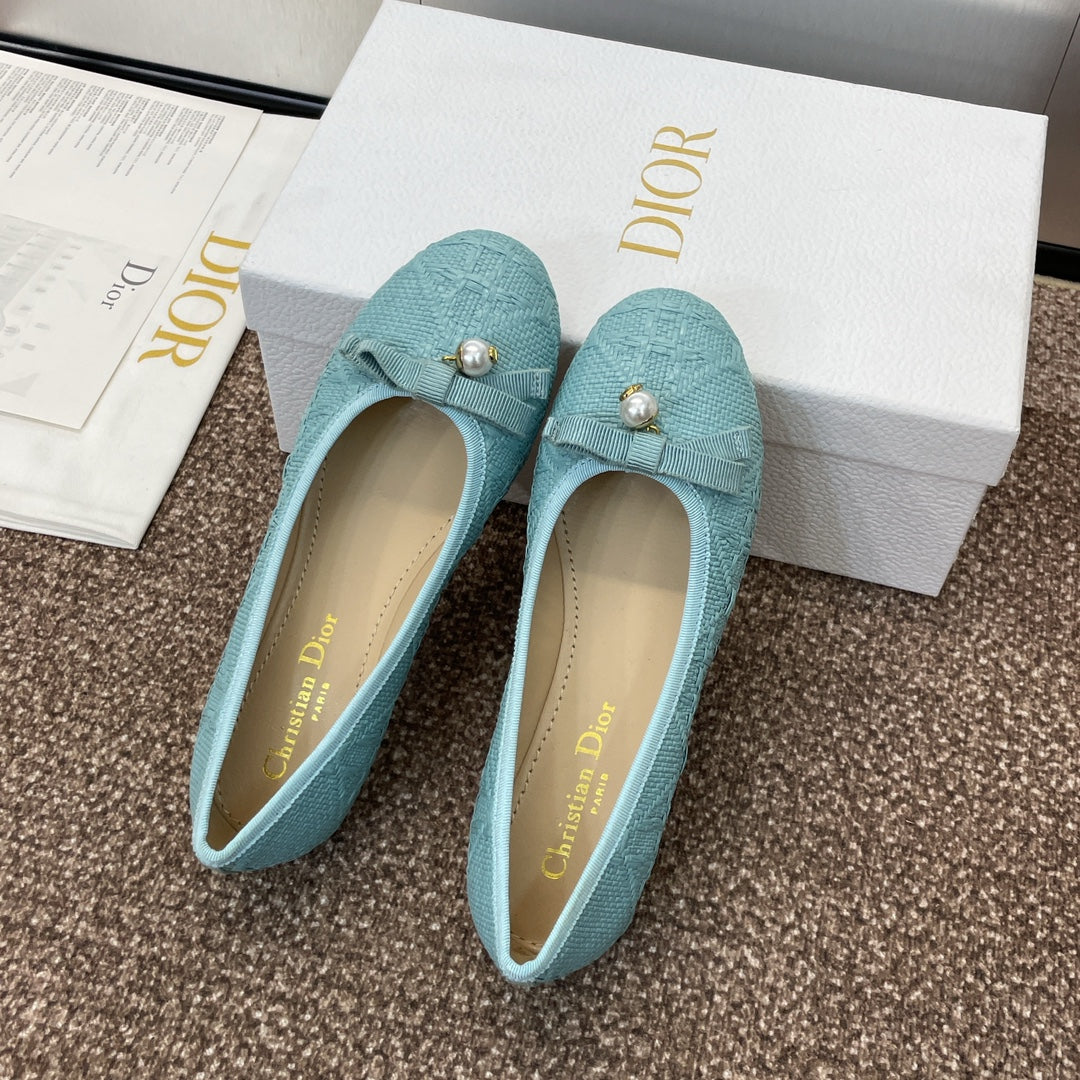 DIOR Ballet Flat Jade Green Woven Sedge And Lambskin