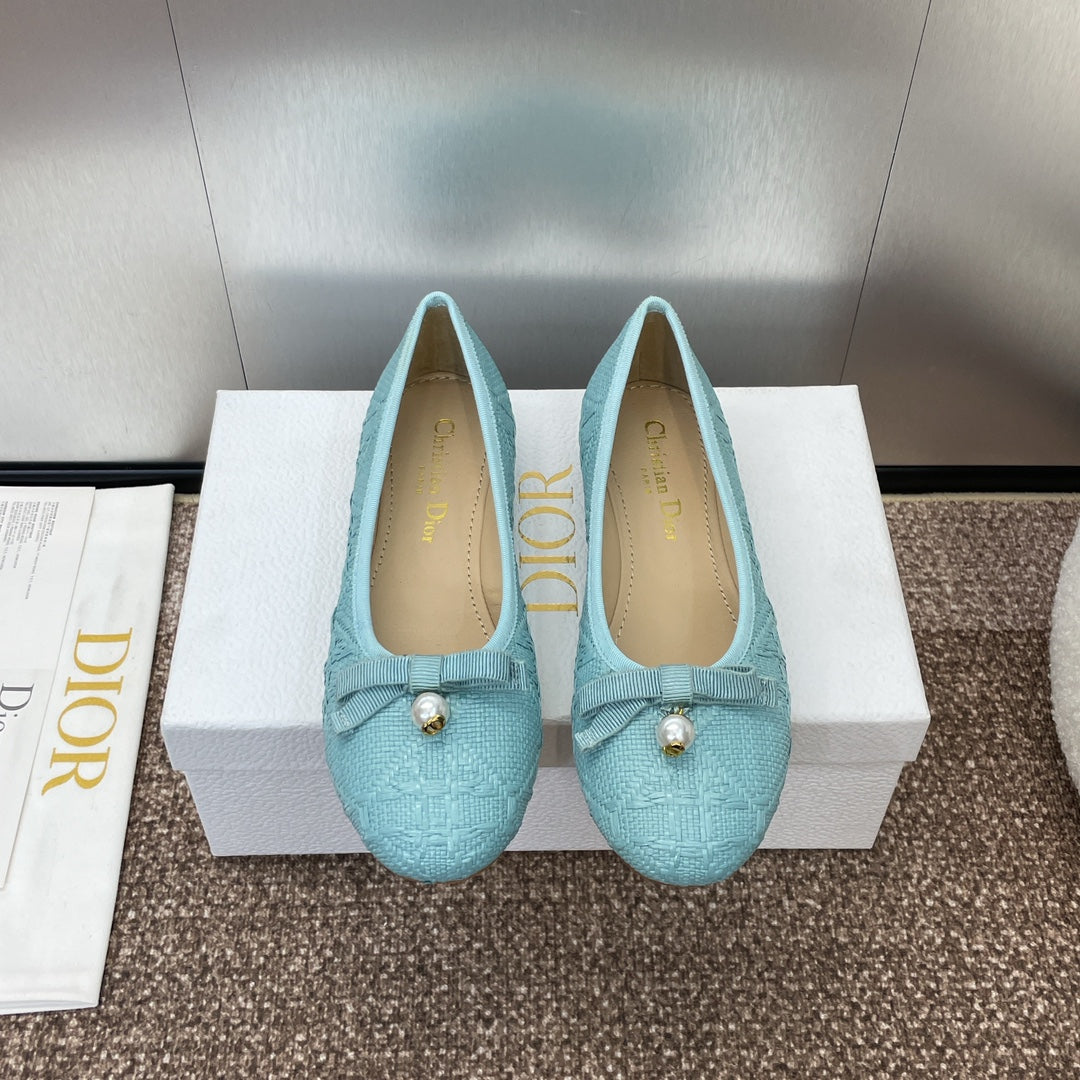 DIOR Ballet Flat Jade Green Woven Sedge And Lambskin