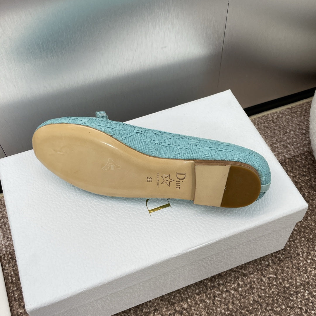 DIOR Ballet Flat Jade Green Woven Sedge And Lambskin