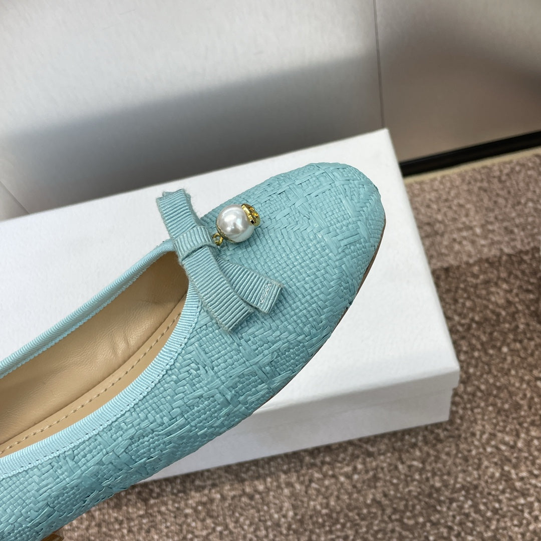 DIOR Ballet Flat Jade Green Woven Sedge And Lambskin