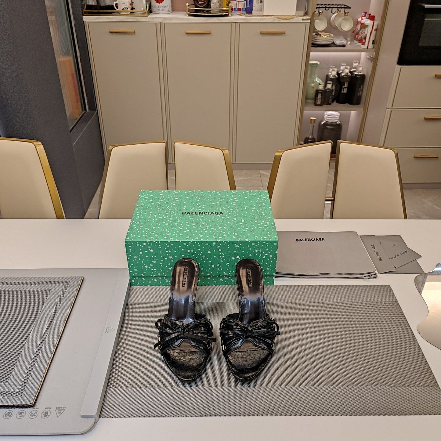 Balanciaga BOW-EMBELLISHED HIGH MULES IN BLACK SHEEPSKIN