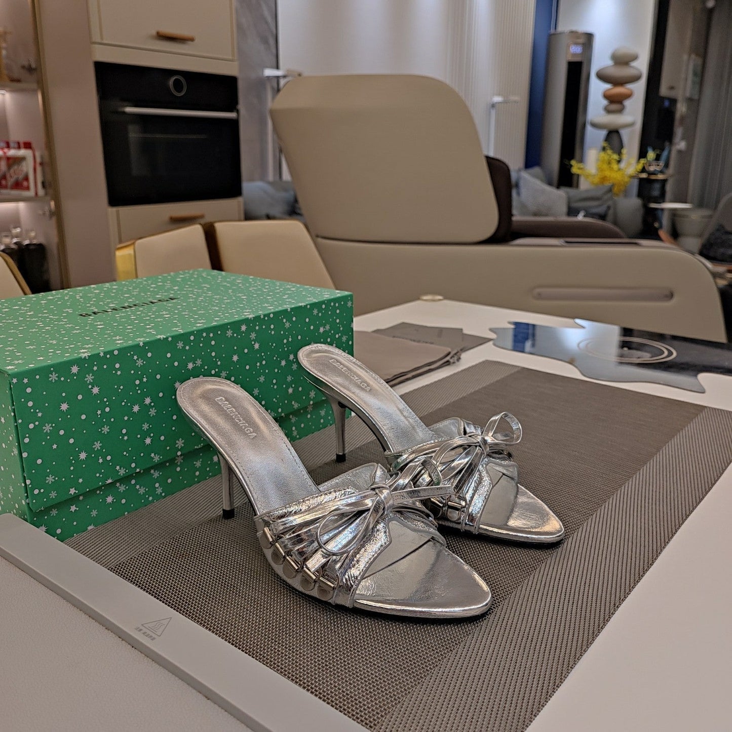 Balanciaga BOW-EMBELLISHED HIGH MULES IN SILVER METALLIC SHEEPSKIN