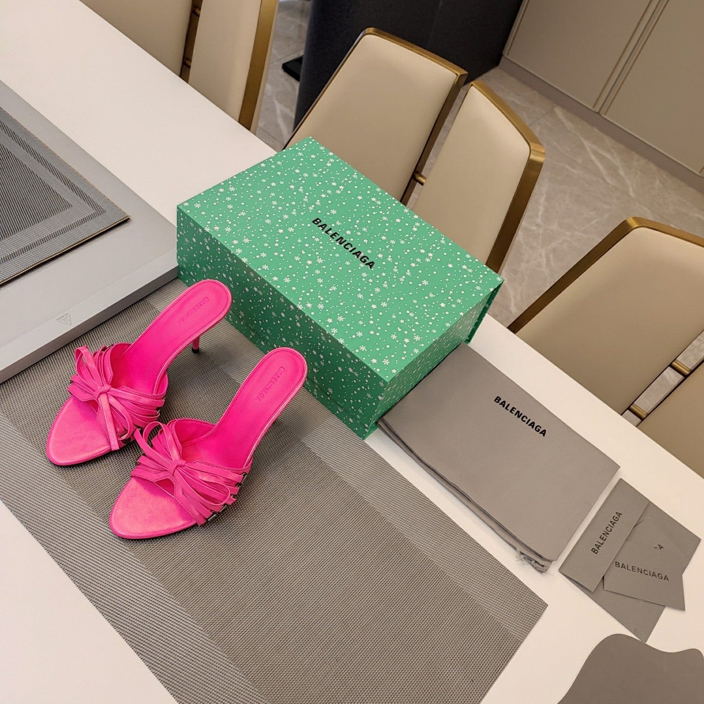 Balanciaga BOW-EMBELLISHED HIGH MULES IN HOT PINK SHEEPSKIN