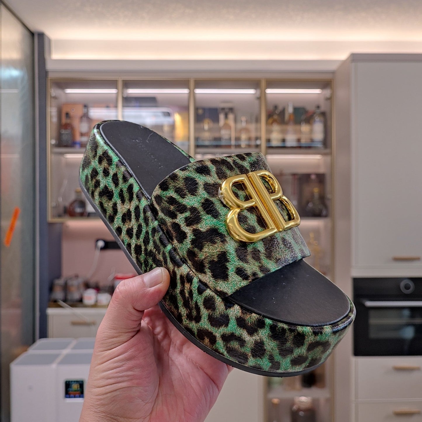 Balanciaga RISE SANDAL THICK-SOLED IN LIGHT GREEN LEOPARD PRINT CALFSKIN