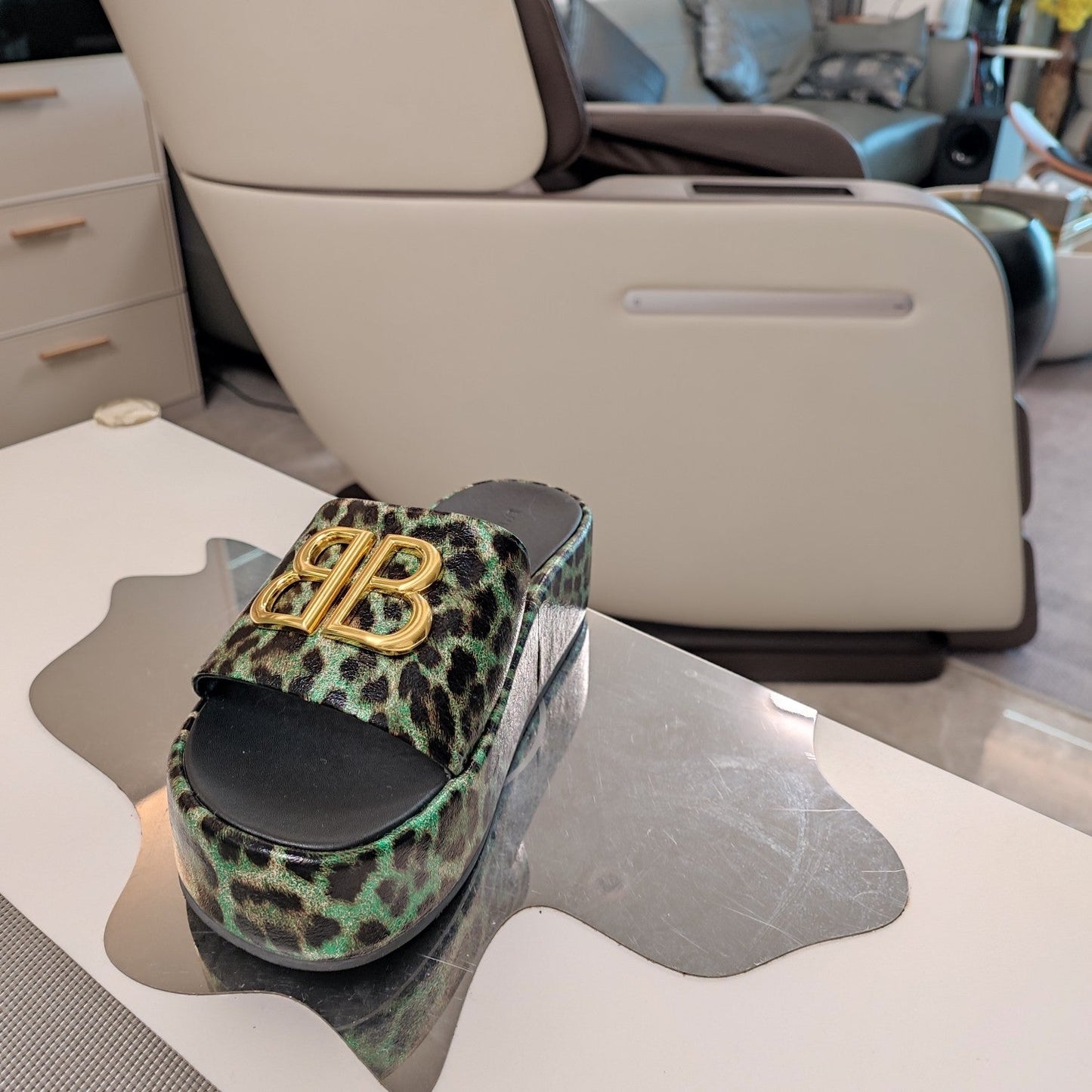 Balanciaga RISE SANDAL THICK-SOLED IN LIGHT GREEN LEOPARD PRINT CALFSKIN