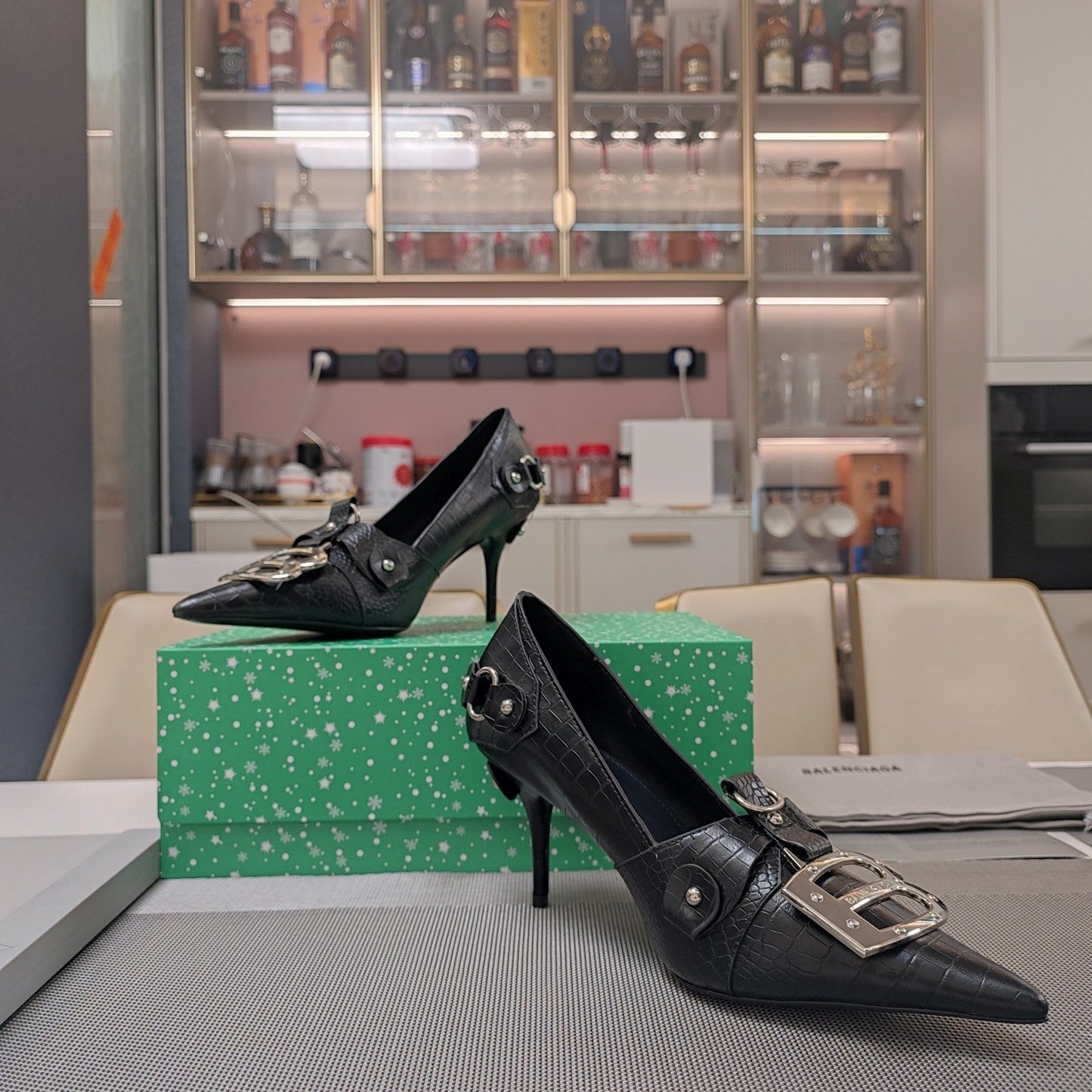 Balanciaga HIGH PUMPS WITH B SILVER BUCKLE IN BLACK CROCODILE PATTERN CALFSKIN