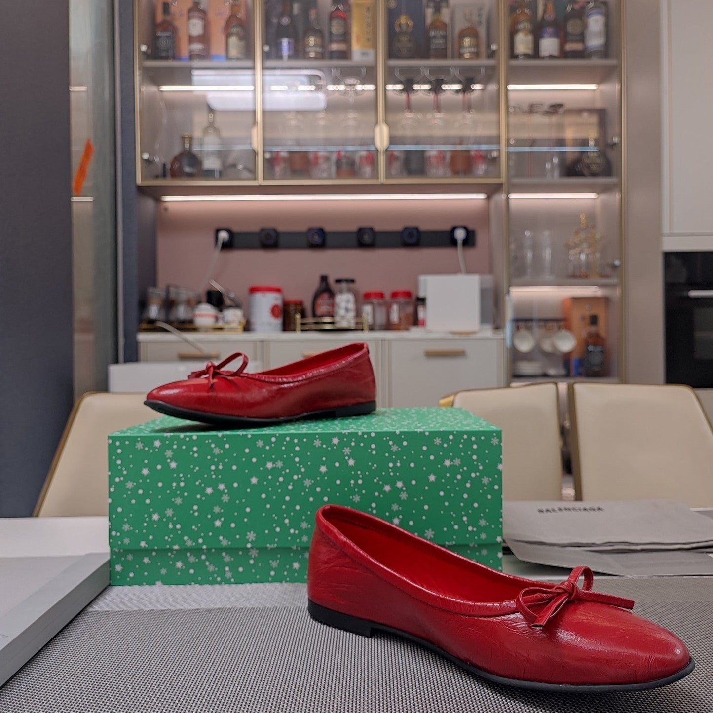 Balanciaga RHINESTONE BALLET FLATS WITH BOW IN RED WAX-OIL SHEEPSKIN