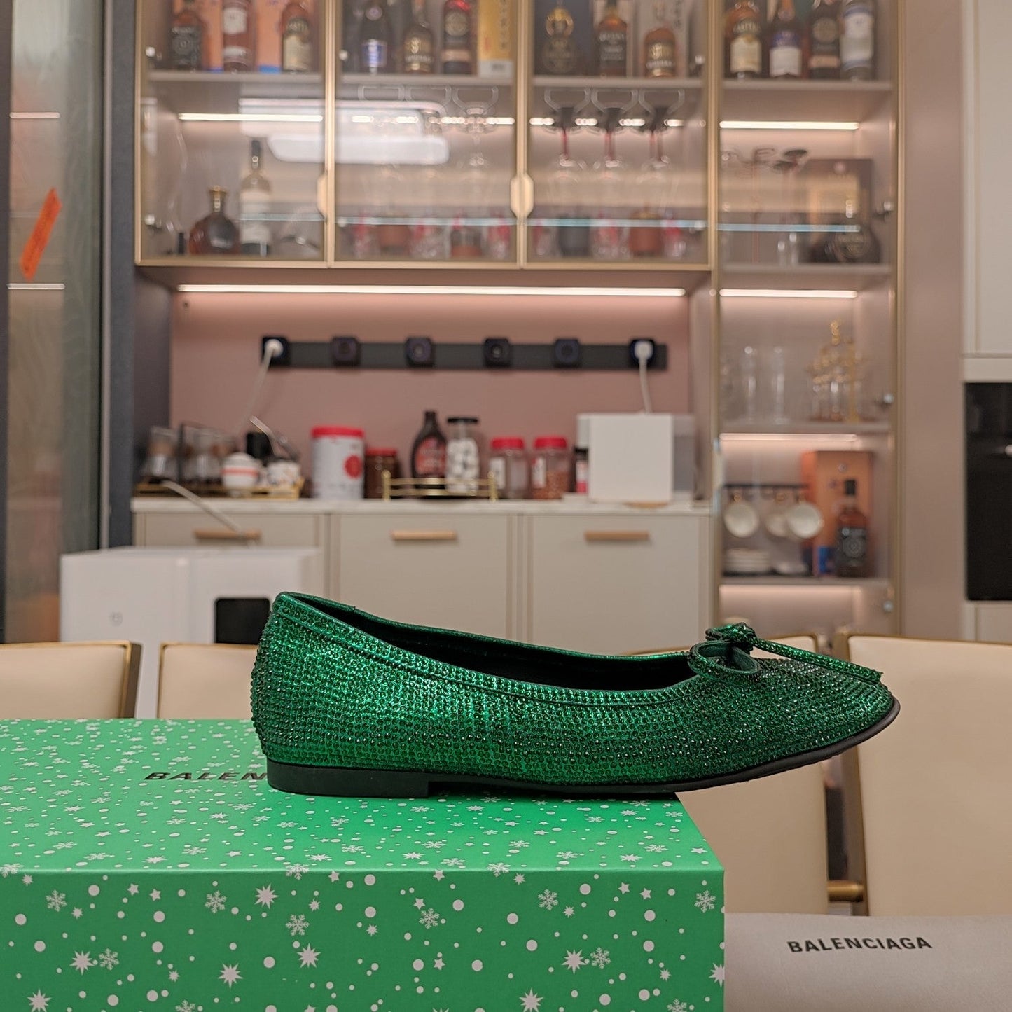 Balanciaga RHINESTONE BALLET FLATS WITH BOW IN FUN GREEN SHEEPSKIN