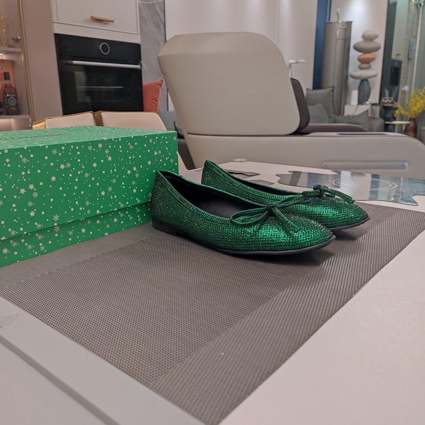 Balanciaga RHINESTONE BALLET FLATS WITH BOW IN FUN GREEN SHEEPSKIN