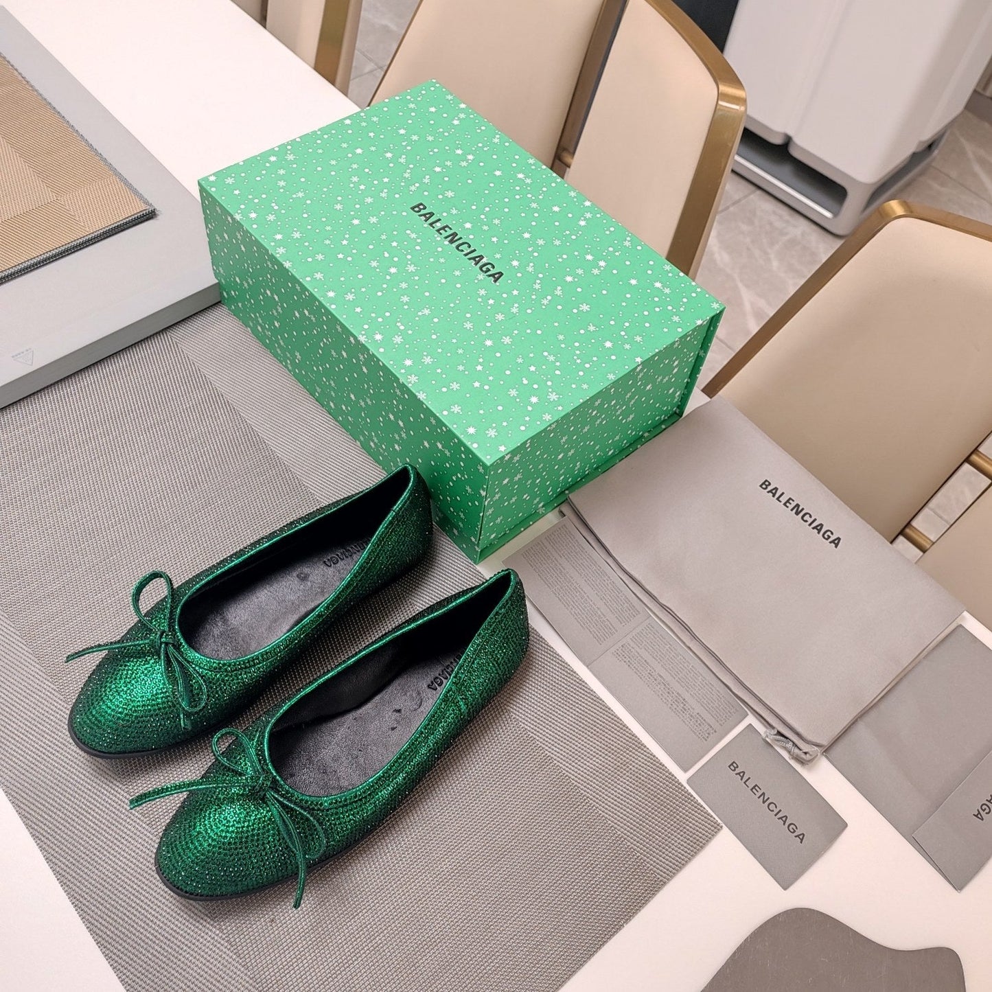 Balanciaga RHINESTONE BALLET FLATS WITH BOW IN FUN GREEN SHEEPSKIN