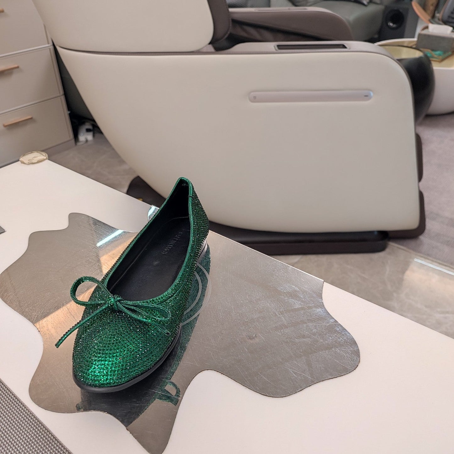 Balanciaga RHINESTONE BALLET FLATS WITH BOW IN FUN GREEN SHEEPSKIN
