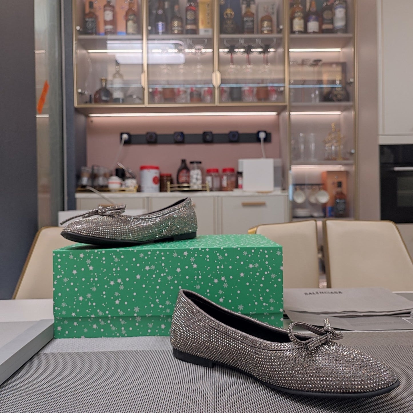Balanciaga RHINESTONE BALLET FLATS WITH BOW IN GRAY SHEEPSKIN