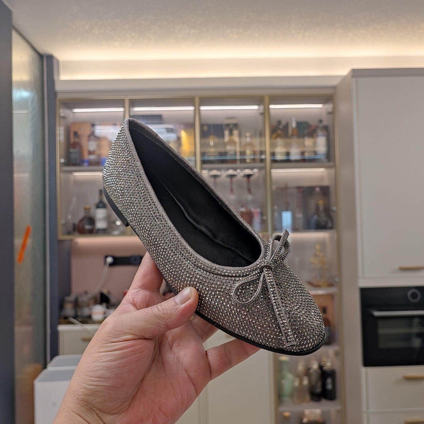 Balanciaga RHINESTONE BALLET FLATS WITH BOW IN GRAY SHEEPSKIN