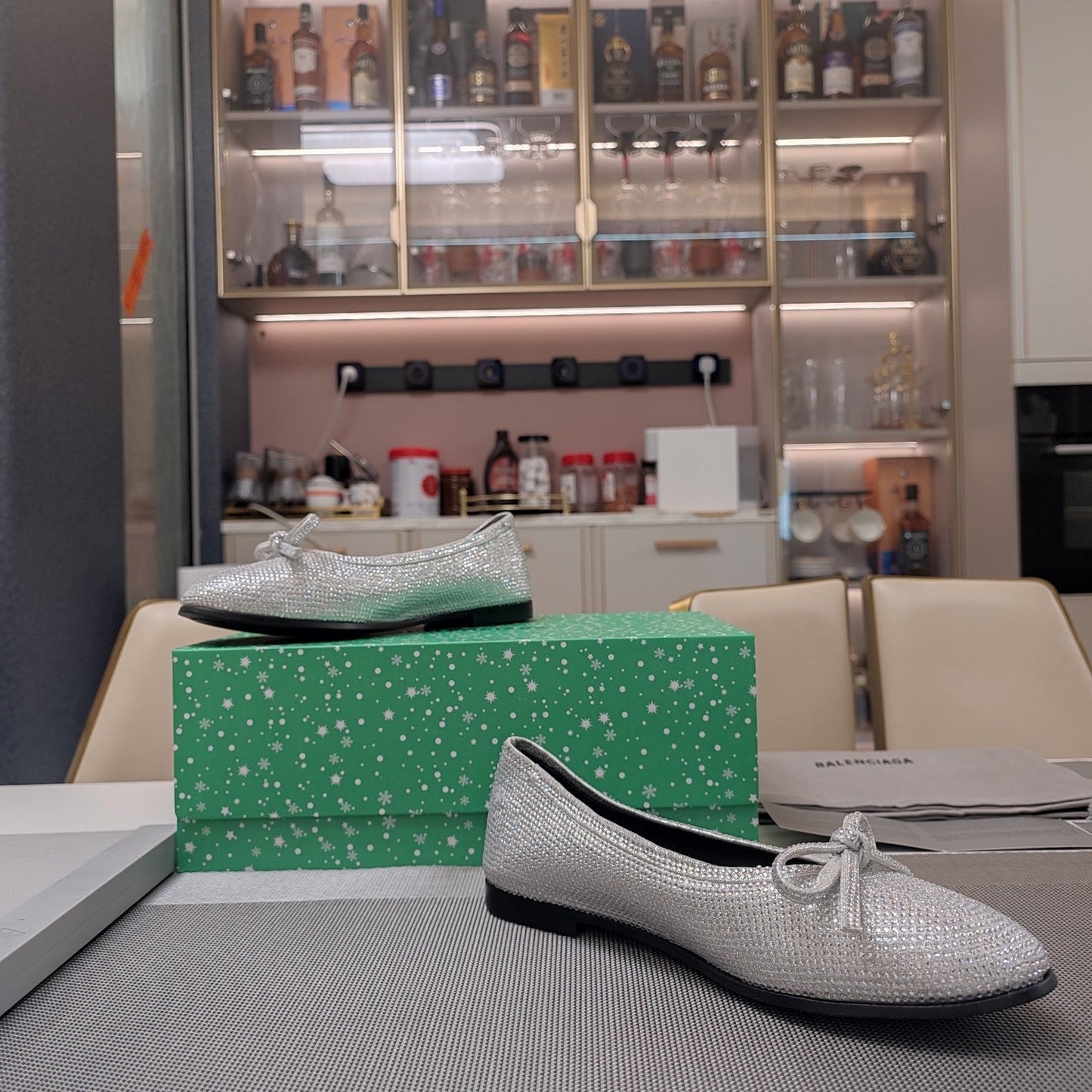 Balanciaga RHINESTONE BALLET FLATS WITH BOW IN METALLIC SILVER SHEEPSKIN