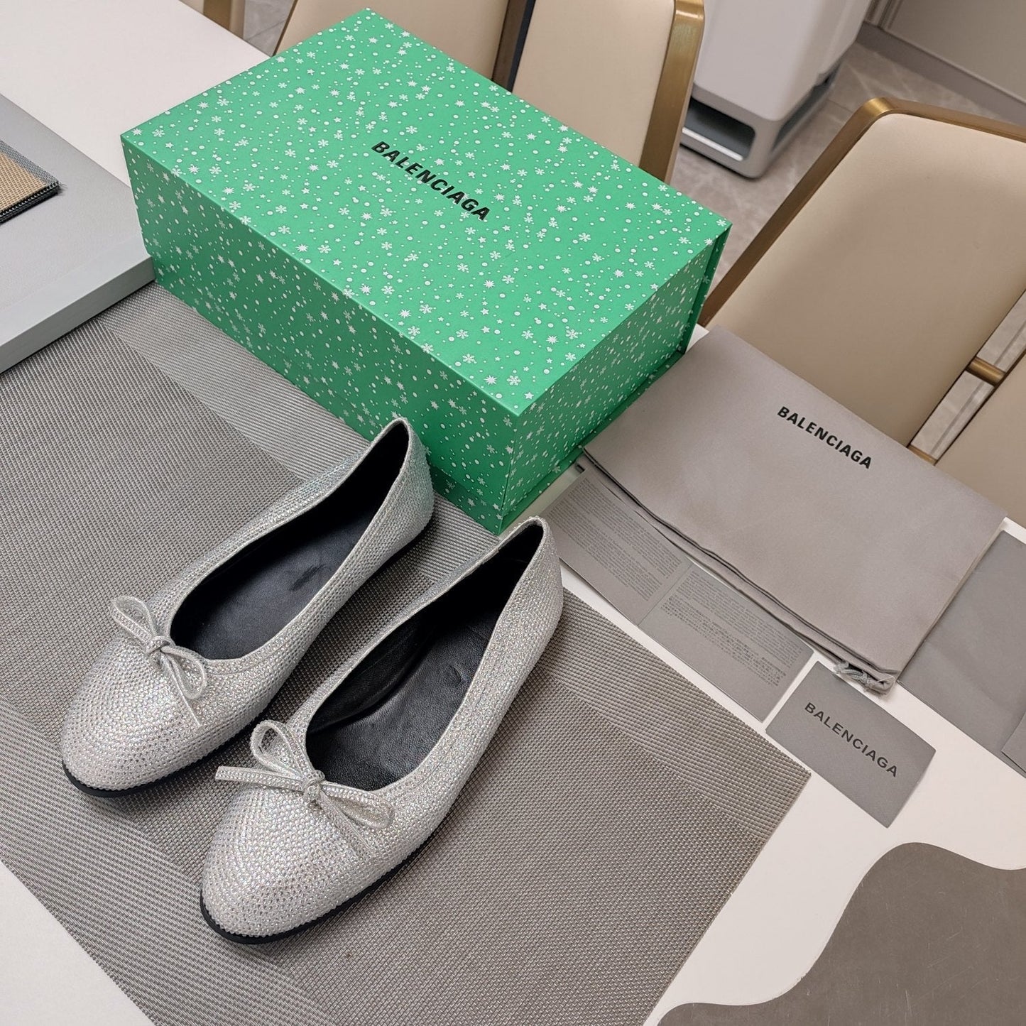 Balanciaga RHINESTONE BALLET FLATS WITH BOW IN METALLIC SILVER SHEEPSKIN