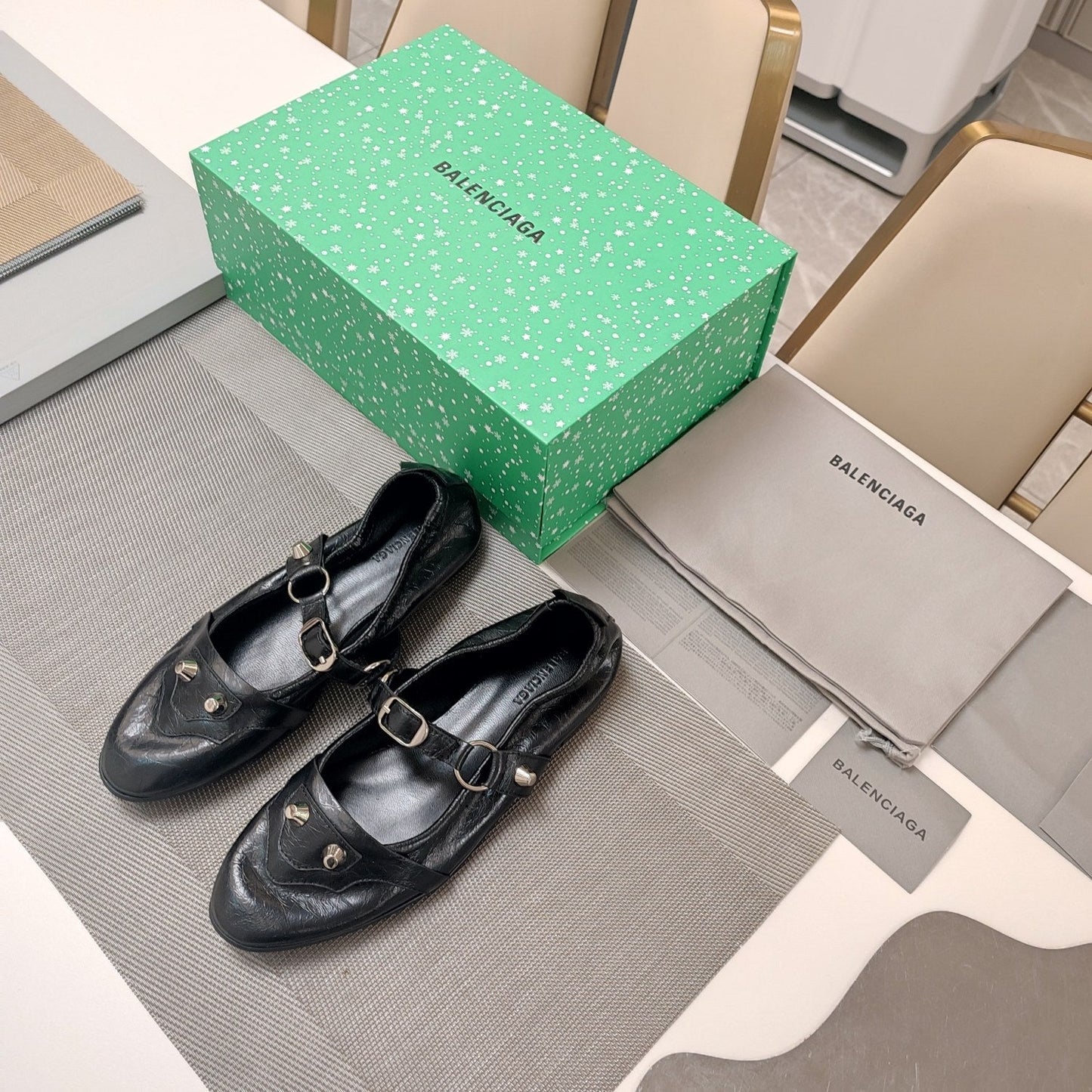 Balanciaga STUDDED MARY JANE FLATS IN BLACK SHINY LAMBSKIN