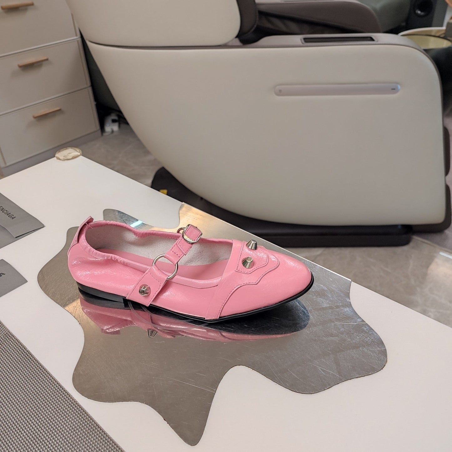Balanciaga STUDDED MARY JANE FLATS IN SEA PINK SHINY LAMBSKIN