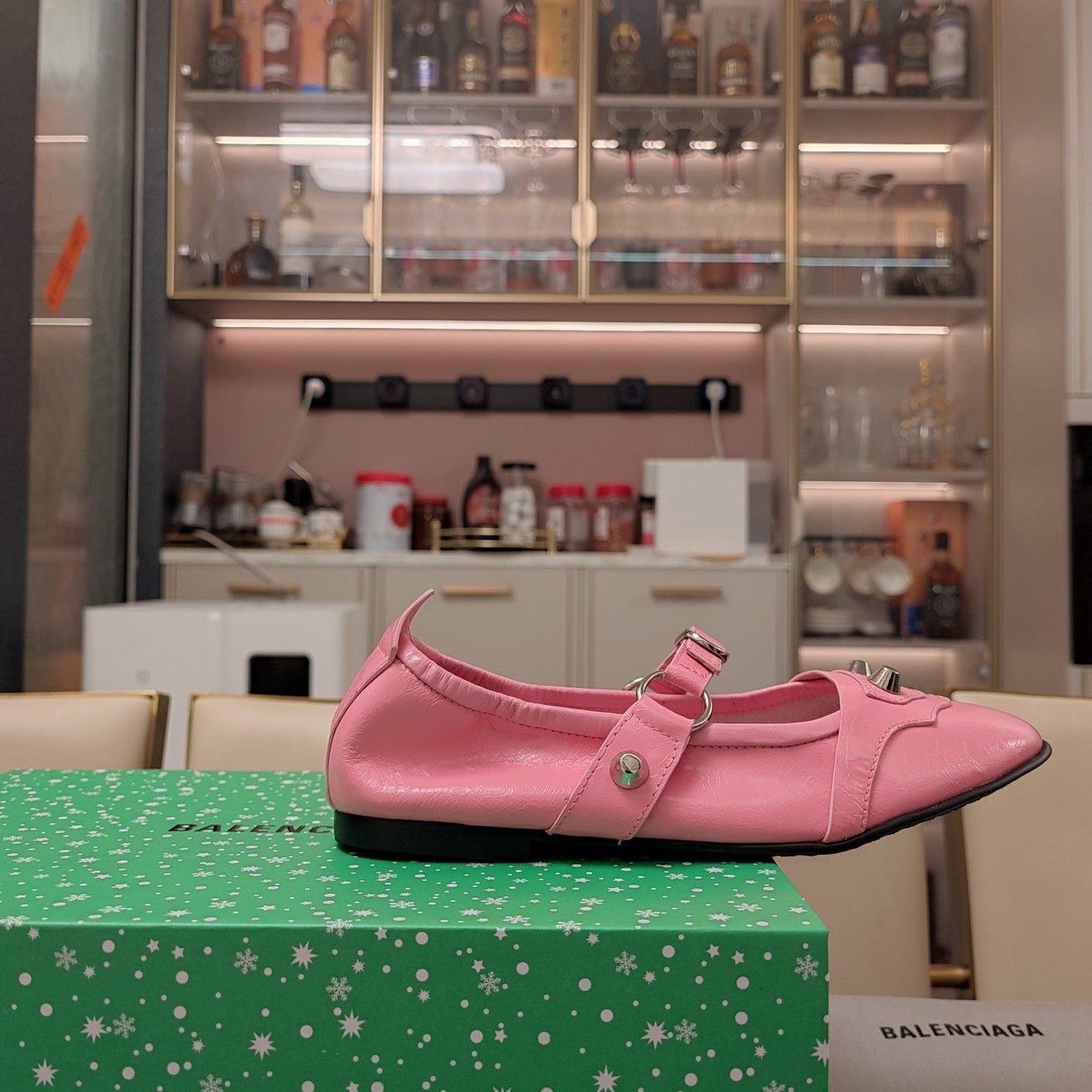 Balanciaga STUDDED MARY JANE FLATS IN SEA PINK SHINY LAMBSKIN