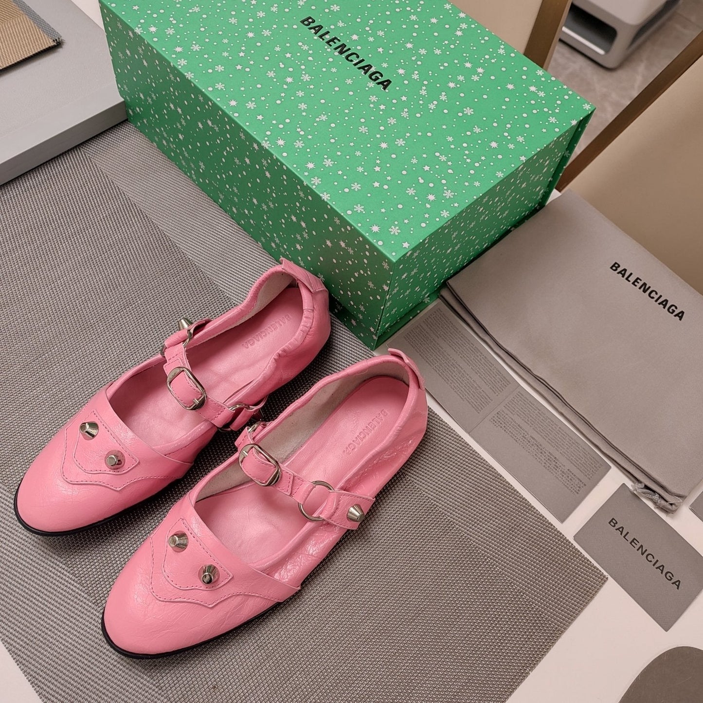 Balanciaga STUDDED MARY JANE FLATS IN SEA PINK SHINY LAMBSKIN