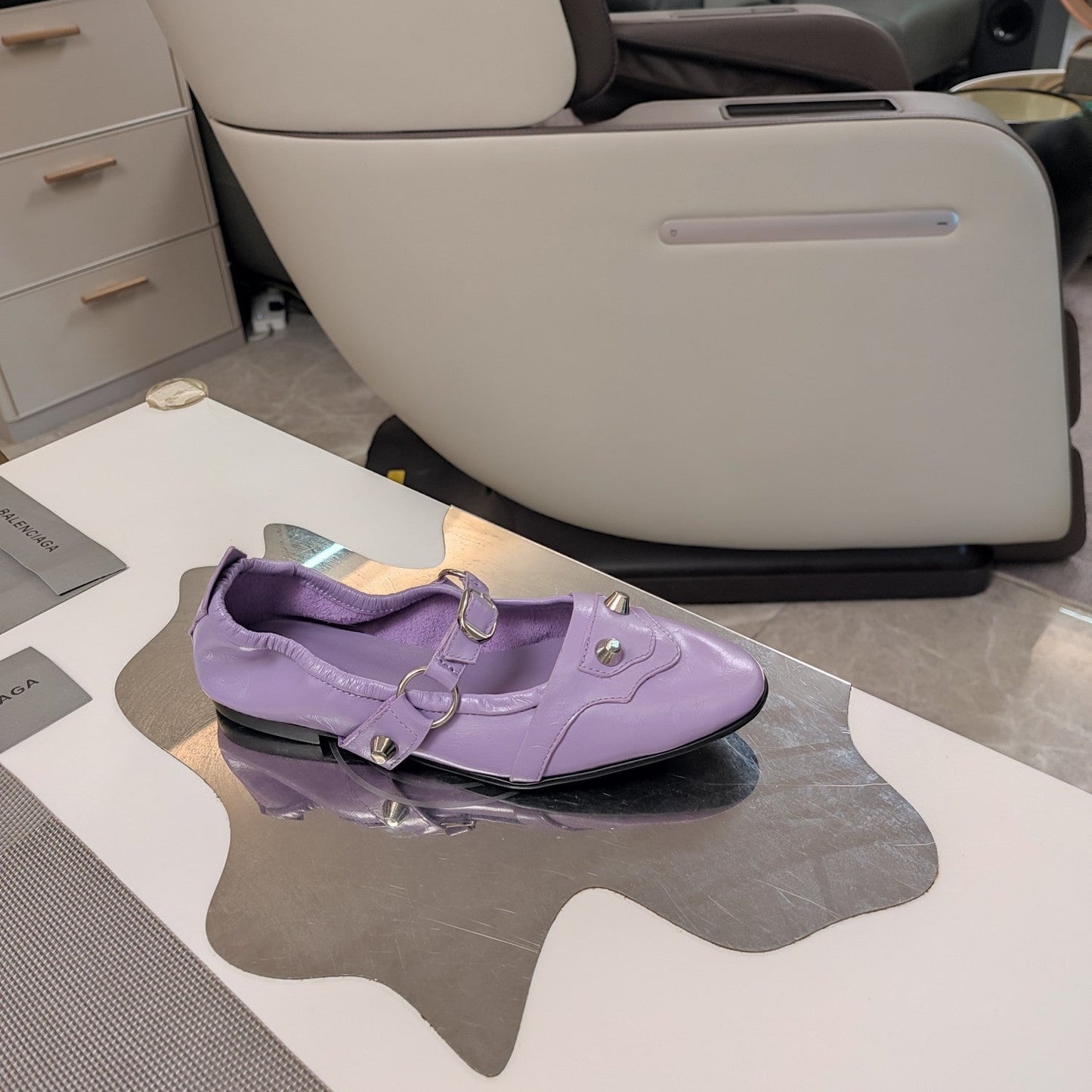 Balanciaga STUDDED MARY JANE FLATS IN LAVENDER SHINY LAMBSKIN