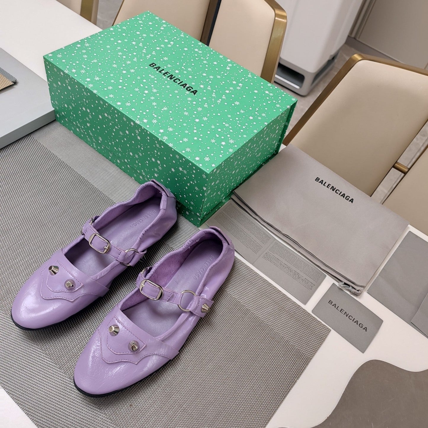 Balanciaga STUDDED MARY JANE FLATS IN LAVENDER SHINY LAMBSKIN