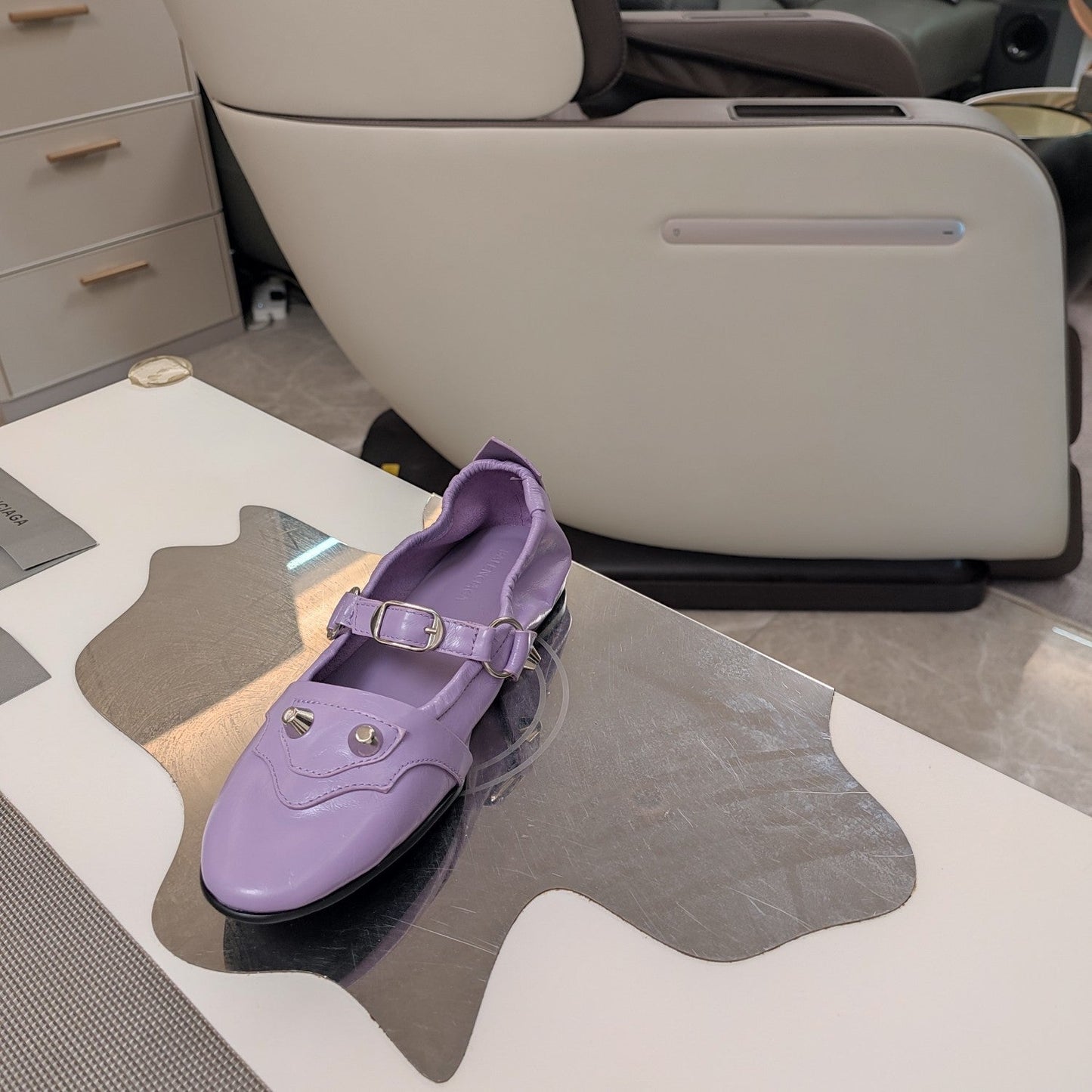 Balanciaga STUDDED MARY JANE FLATS IN LAVENDER SHINY LAMBSKIN